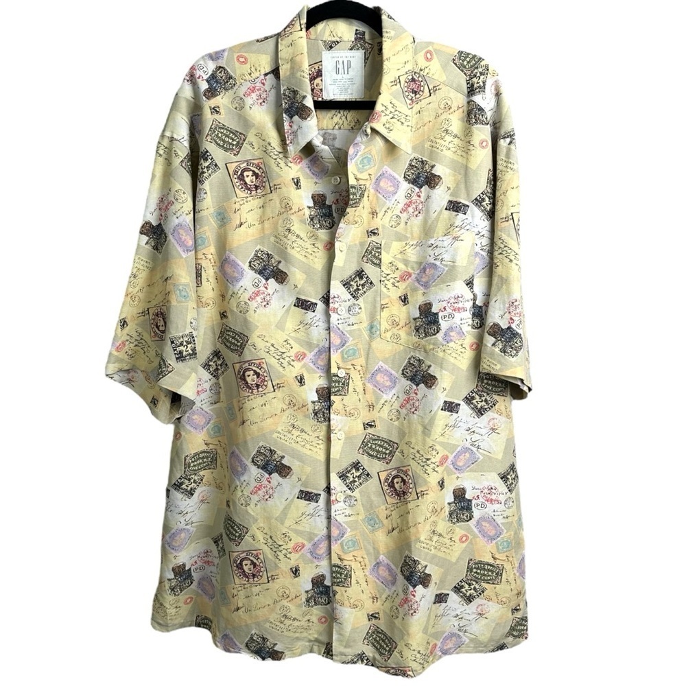 Vintage GAP Size Large Oversized Postcard Button Down Hawaiian Shirt Linen 90s